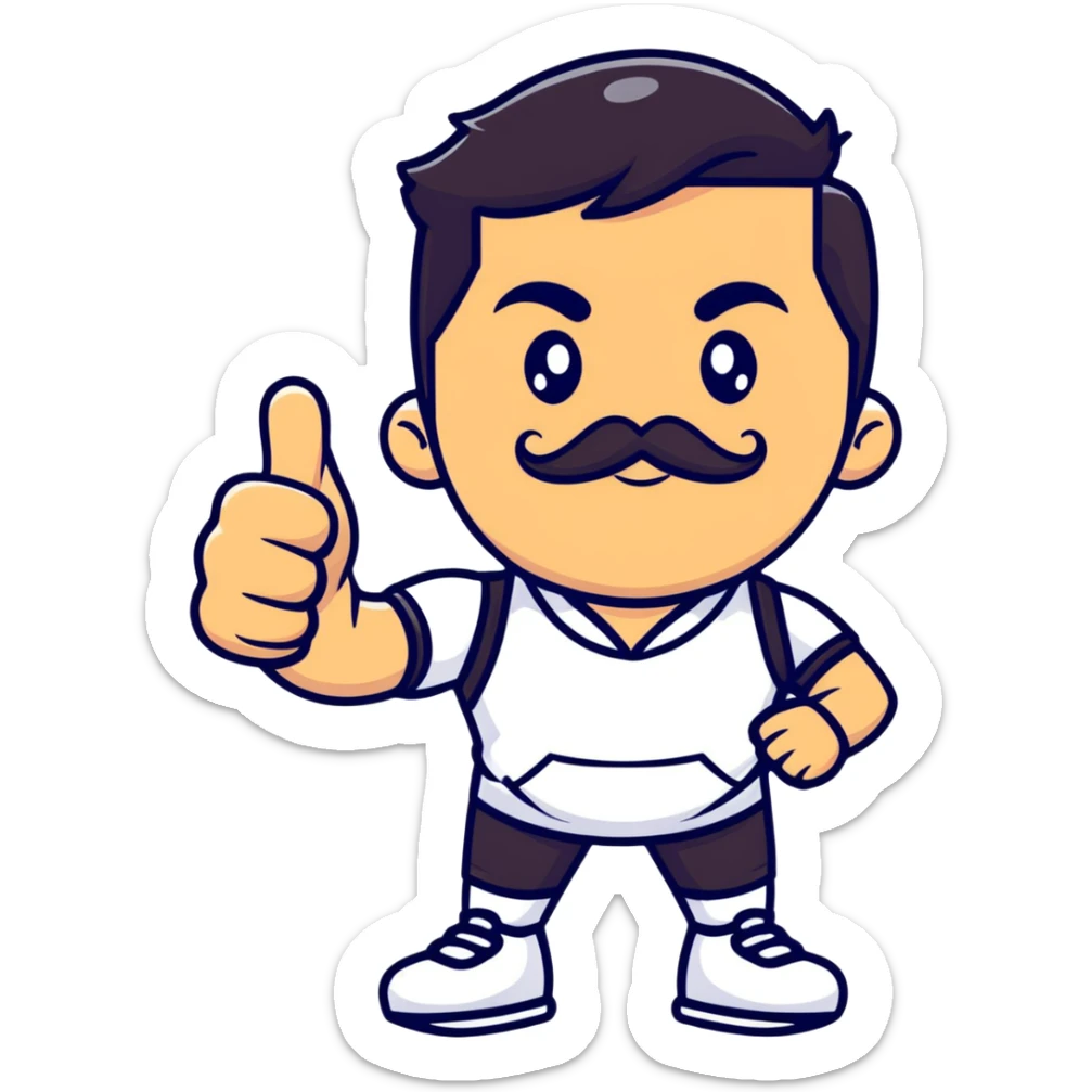Recep İvedik in famous thumbs up pose, mustache, unibrow, wearing sportswear, exaggerated facial expression sticker