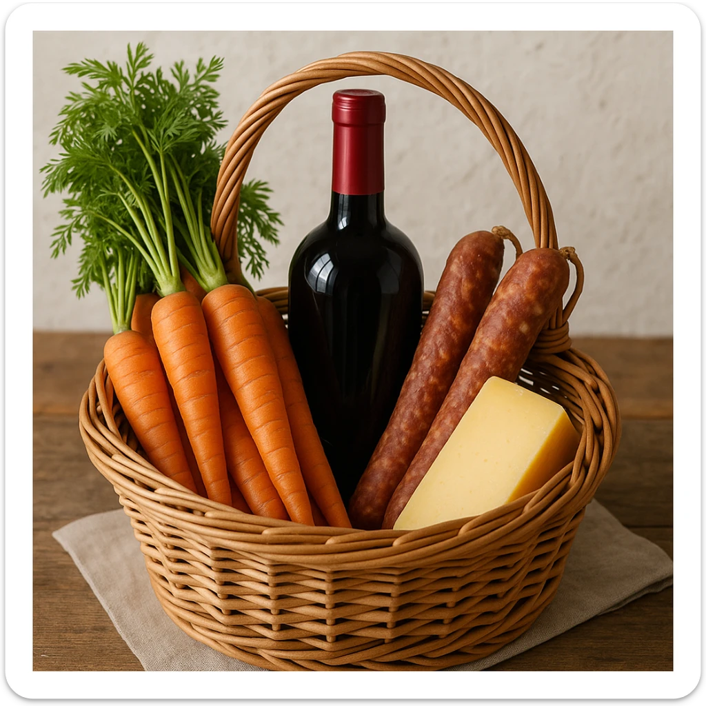 a basket filled with carrots, a bottle of wine, sausages, and a cheese, all visible and arranged together sticker