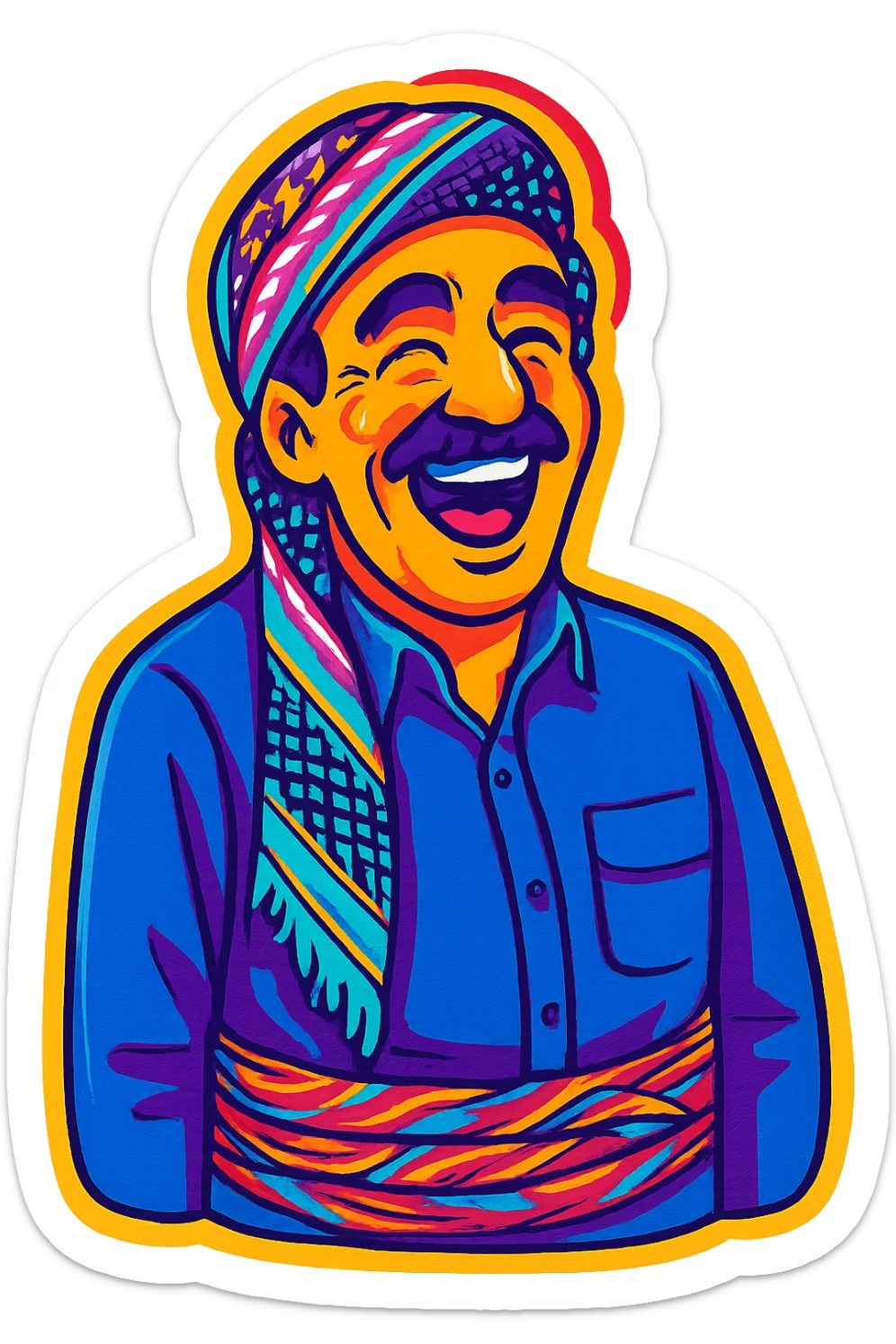 Create a cartoon sticker with a happy and joyful expression in the style of Flux Pro, with a transparent background. The style should reflect the vibrant and pop colors typical of Flux Pro style. sticker