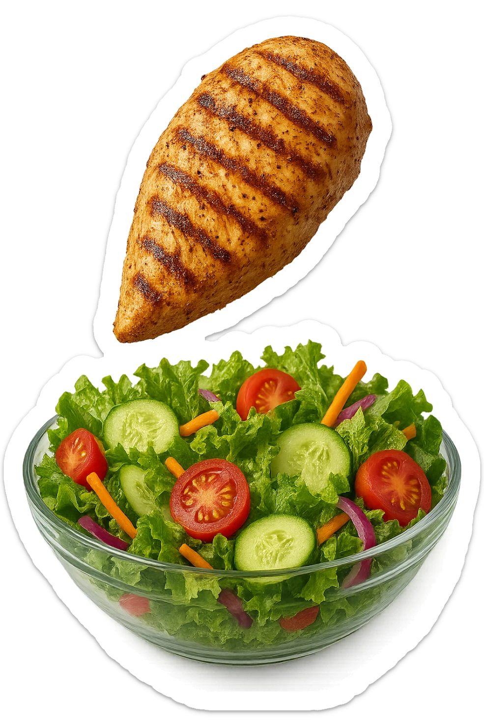 INSALATA CON PETTO DI POLLO GRIGLIATO CHE CADE DALL'ALTO, IPERREALISTICO 4K sticker