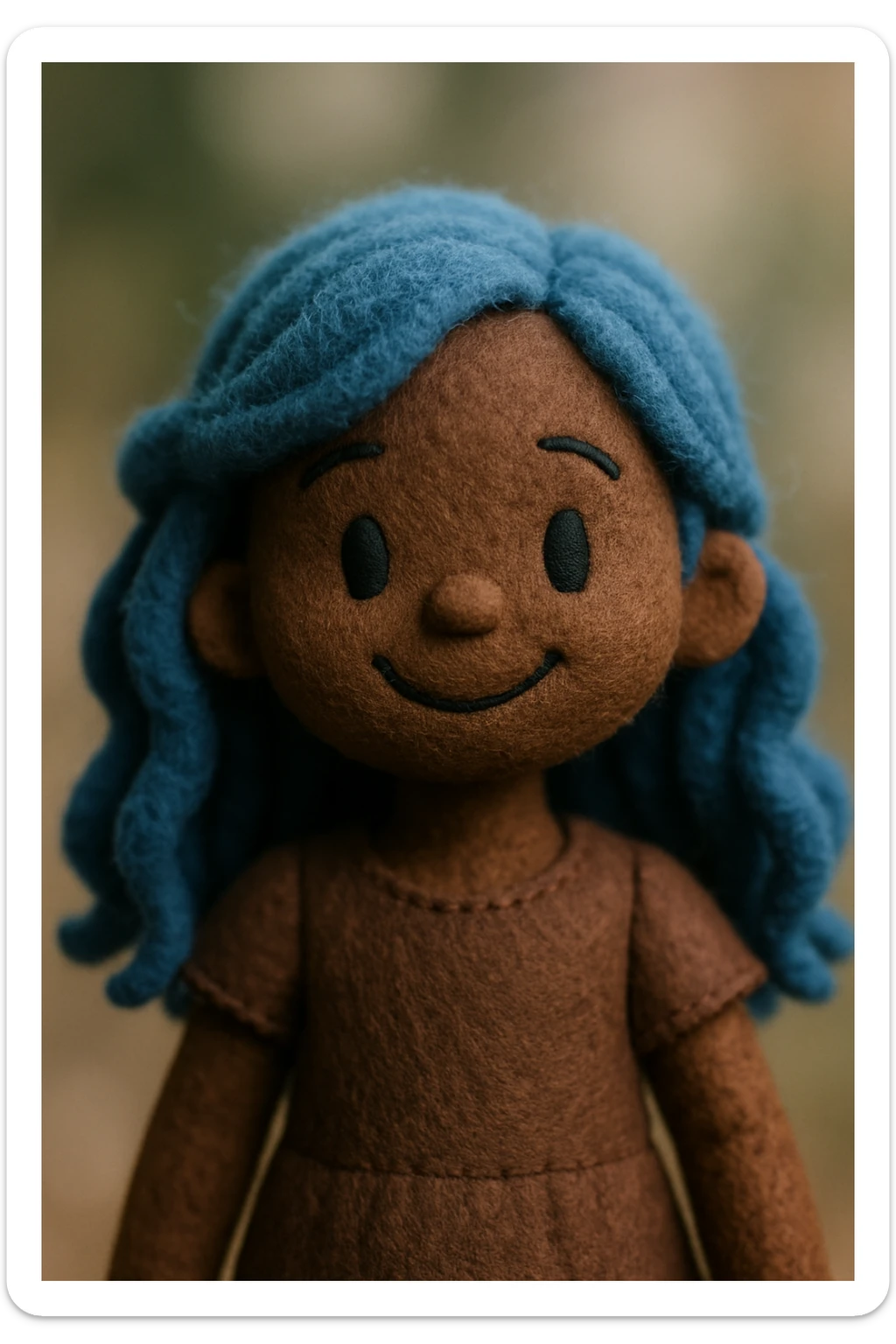 blue haired dark skinned girl, wavy long hair, cheerful smile, upper body portrait sticker