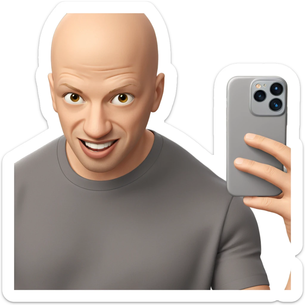 bald boy taking a selfie sticker