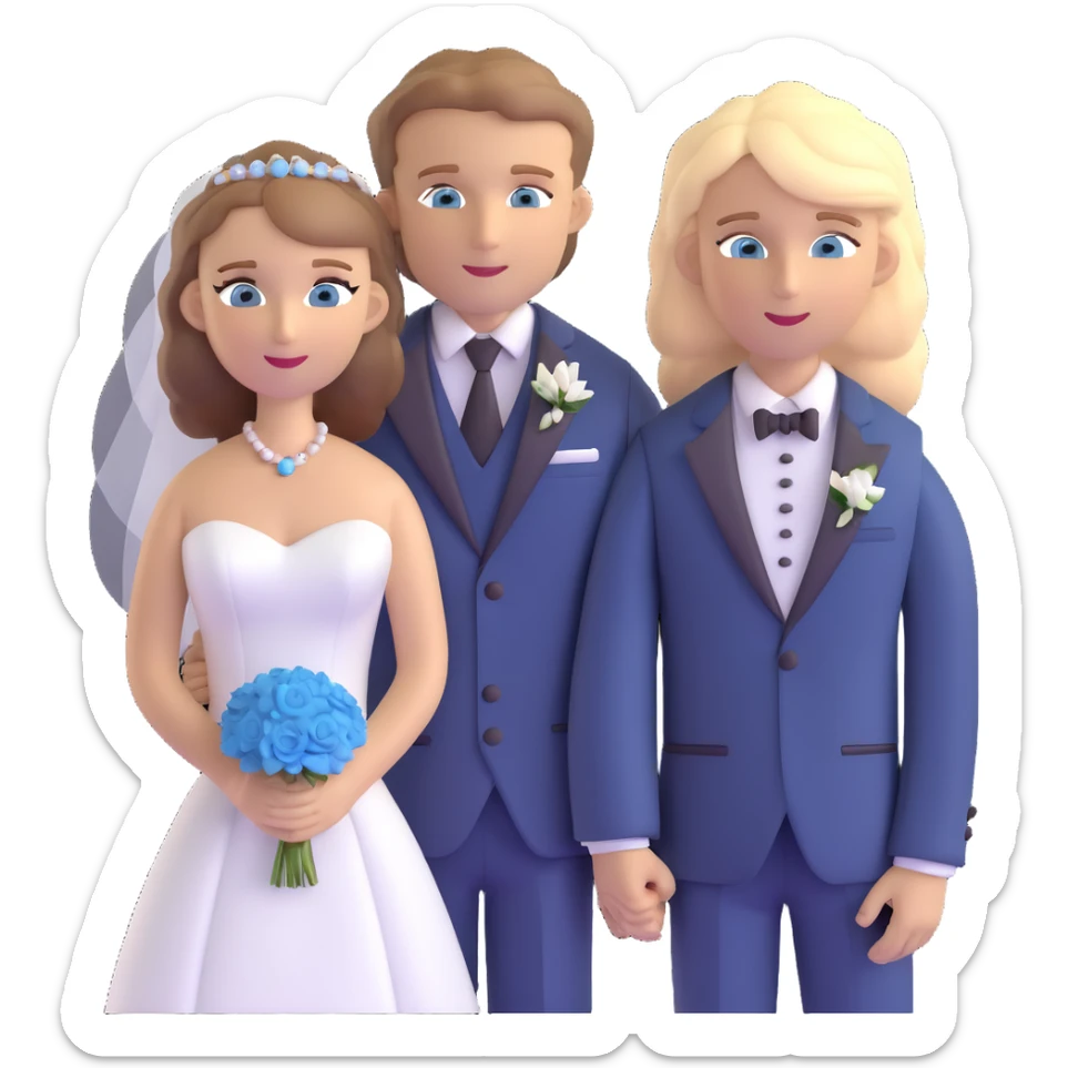 portrait of a bride with light brown hair and grey-blue eyes, and a groom with blonde hair, blue eyes, wearing a brown suit sticker