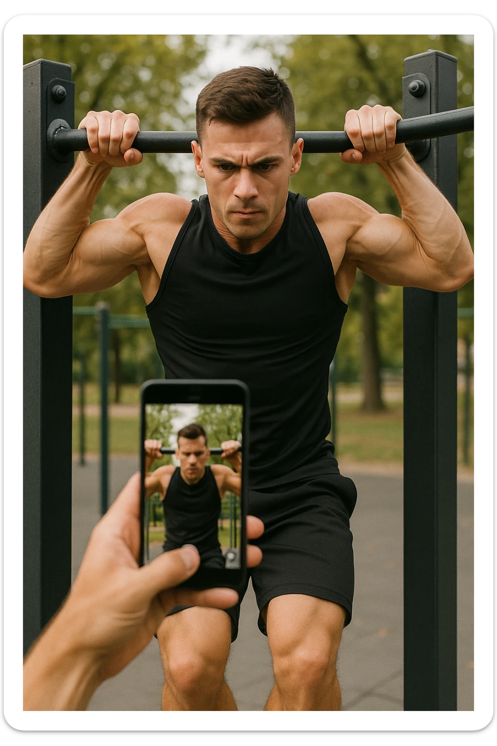 uomo che fa Muscle up e si sta filmando davanti con il telefonino per vedere la sua posizione dei gomiti e delle mani sulla sbarra sticker