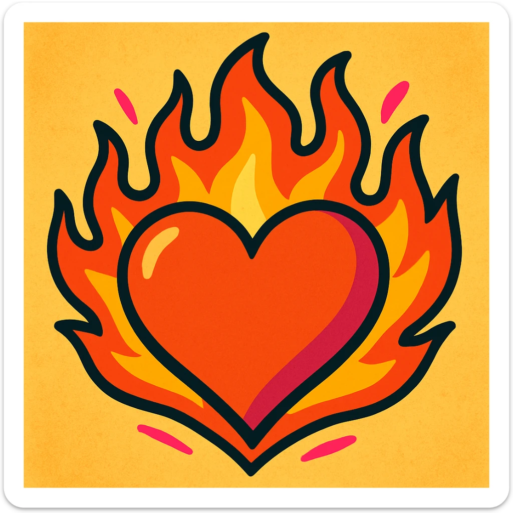 heart with flames of fire in red-orange, yellow, and pink, vibrant and modern style sticker