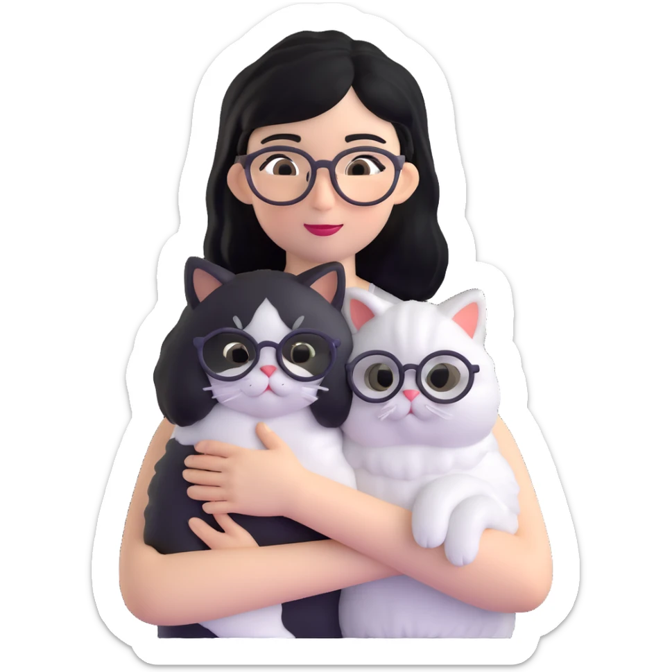 Skinny woman with oval glasses, shoulder length straight black hair, wearing white sleeveless top, hugging a Persian-Angora cat that's gray and white like Oreo cookies, plain background sticker