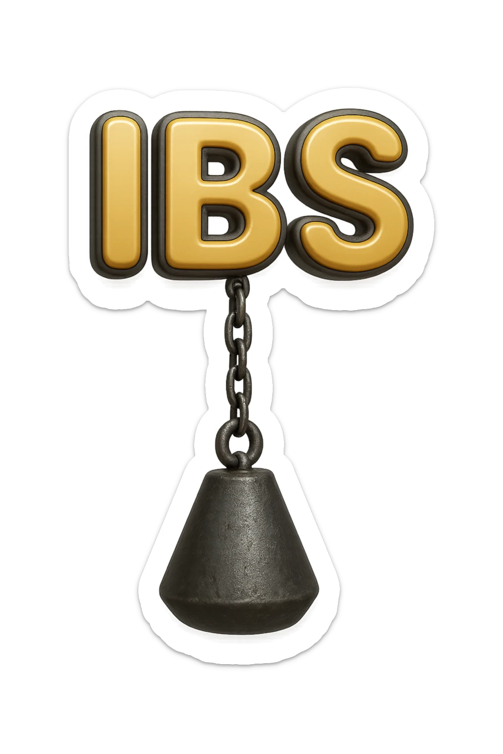emoji stile iphone della parola "IBS" sospesa in aria con zavorra attaccata sotto che la fa cadere per il peso, iperrealistico 4k sticker