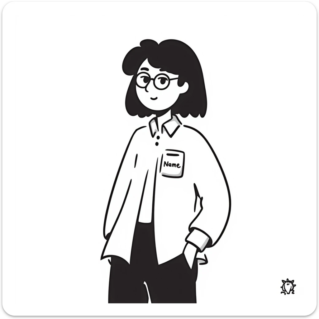 Asian girl with glasses, white shirt, work tag with her Asian young male boss's name, simple line drawing style sticker