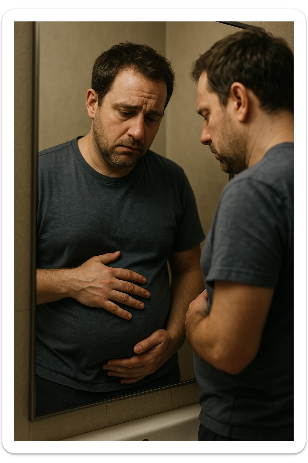 uomo che si guarda allo specchio triste mentre si tocca la pancia, pensieroso, iperrealistico 4k sticker