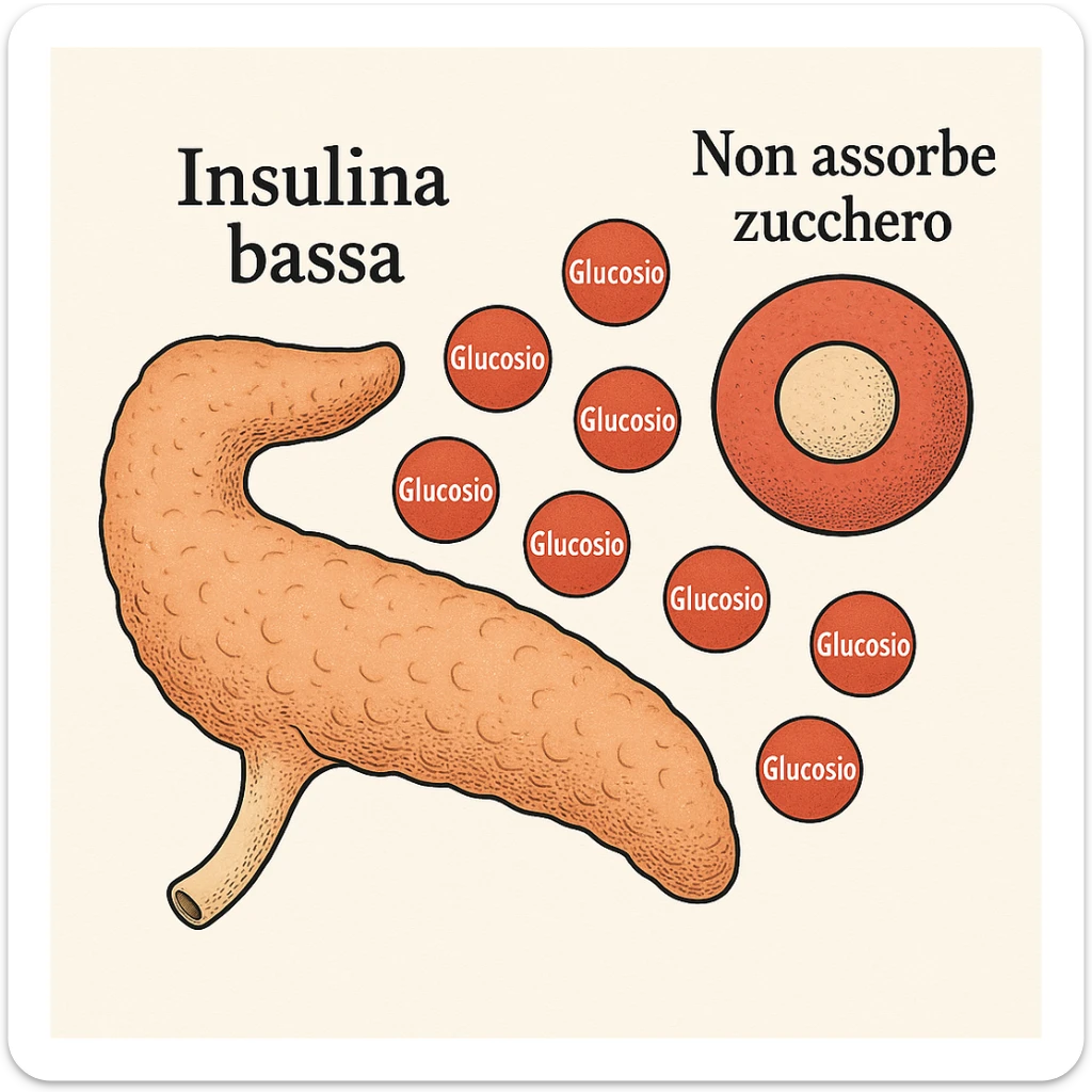 Add clear and legible Italian text to the icons in a realistic and symbolic-medical style: label the pancreas with 'Insulina bassa', the molecules with 'Glucosio', and the cells with 'Non assorbe zucchero'. Maintain the realistic and symbolic-medical style with clear and readable text. sticker