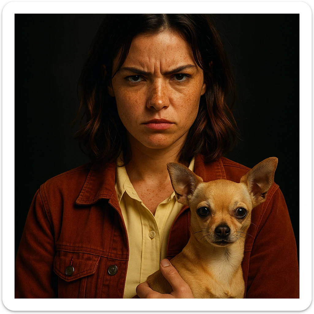 portrait Netflix series style, woman with tanned skin, freckles, pale yellow shirt #FFF8CA, rust jacket, medium-length brown hair with auburn highlights, rebellious expression, beige-brown chihuahua, dark background sticker