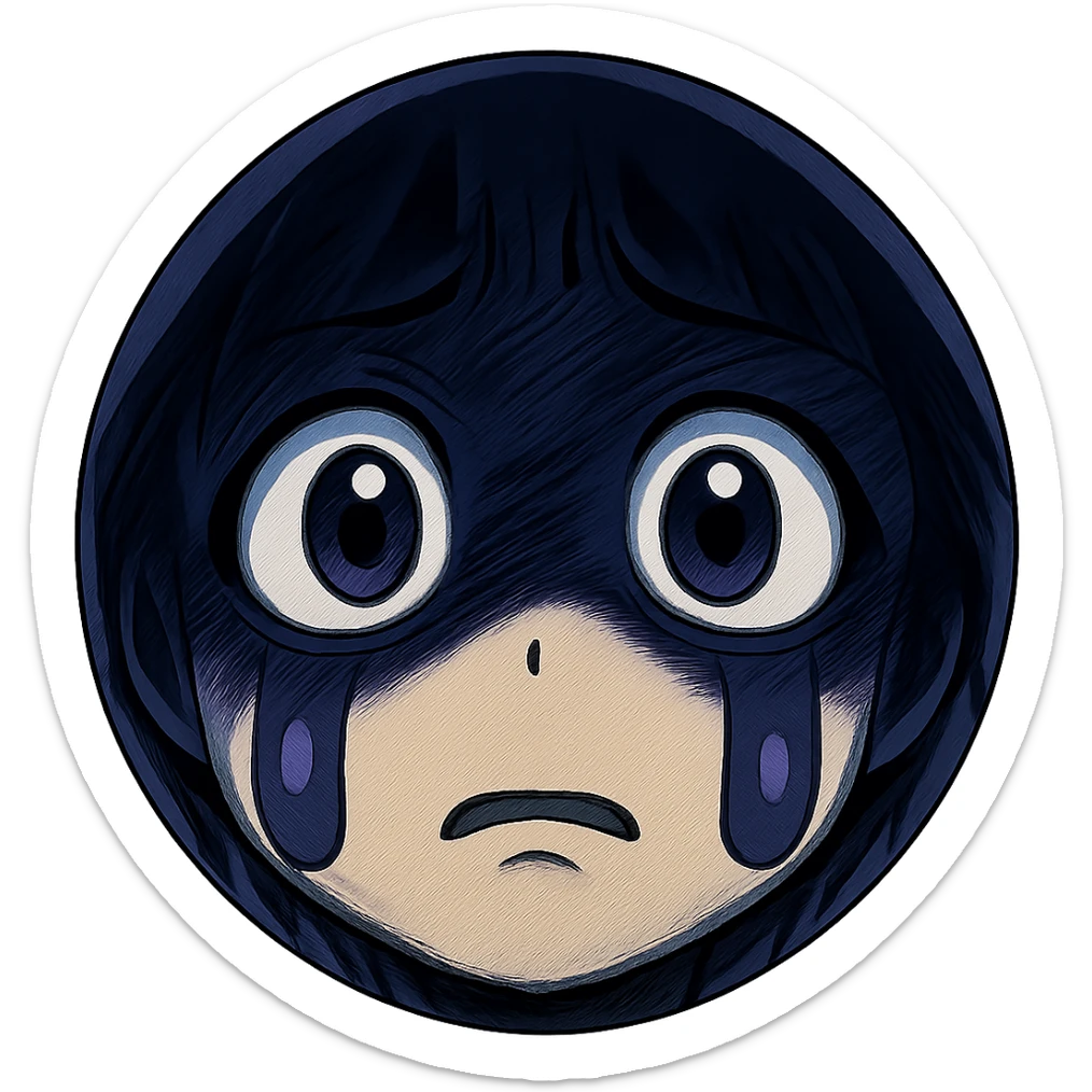 Extend the dramatic dark blue and purple anime-style shadow to cover more of the face, enhancing the overwhelmed and shadowy expression. Keep the trembling frown and wide blank eyes minimal and emoji-like, avoiding realism or horror. Transparent background. sticker