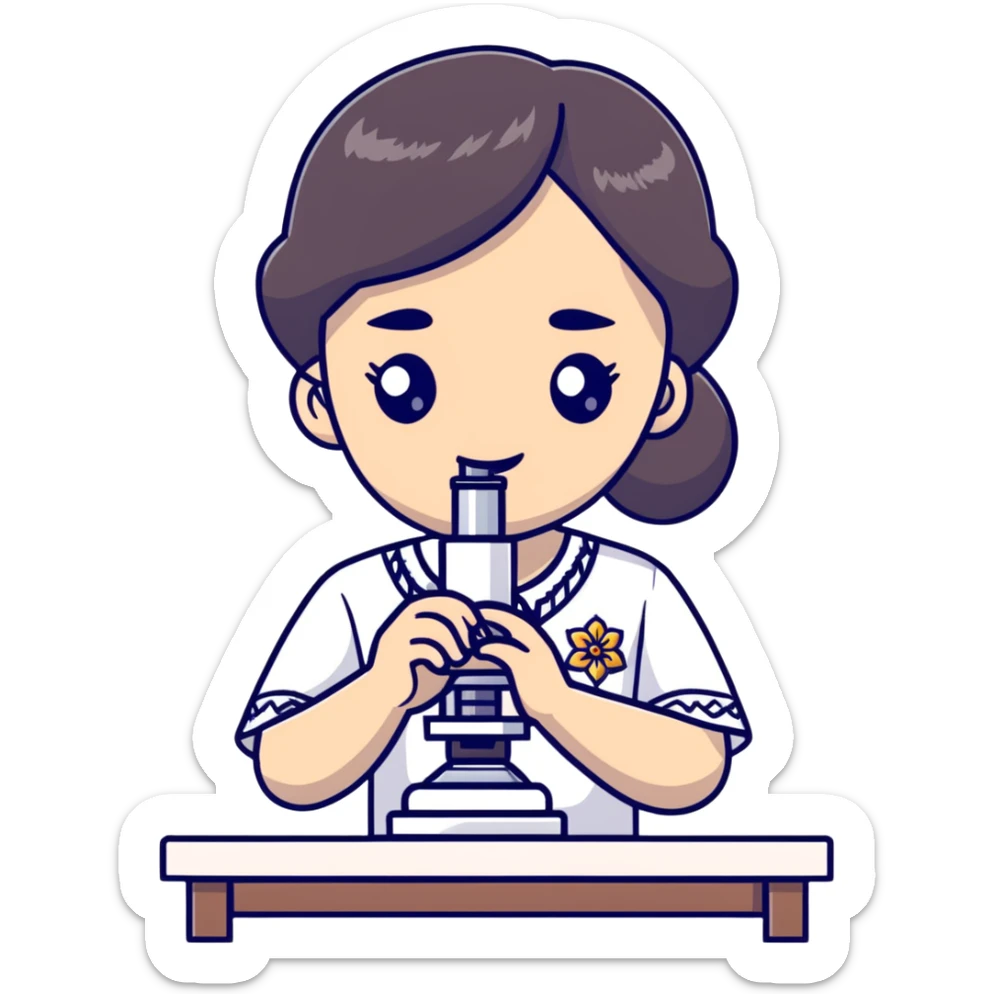 Ukrainian girl with dark hair in traditional embroidered shirt holding a microscope sticker