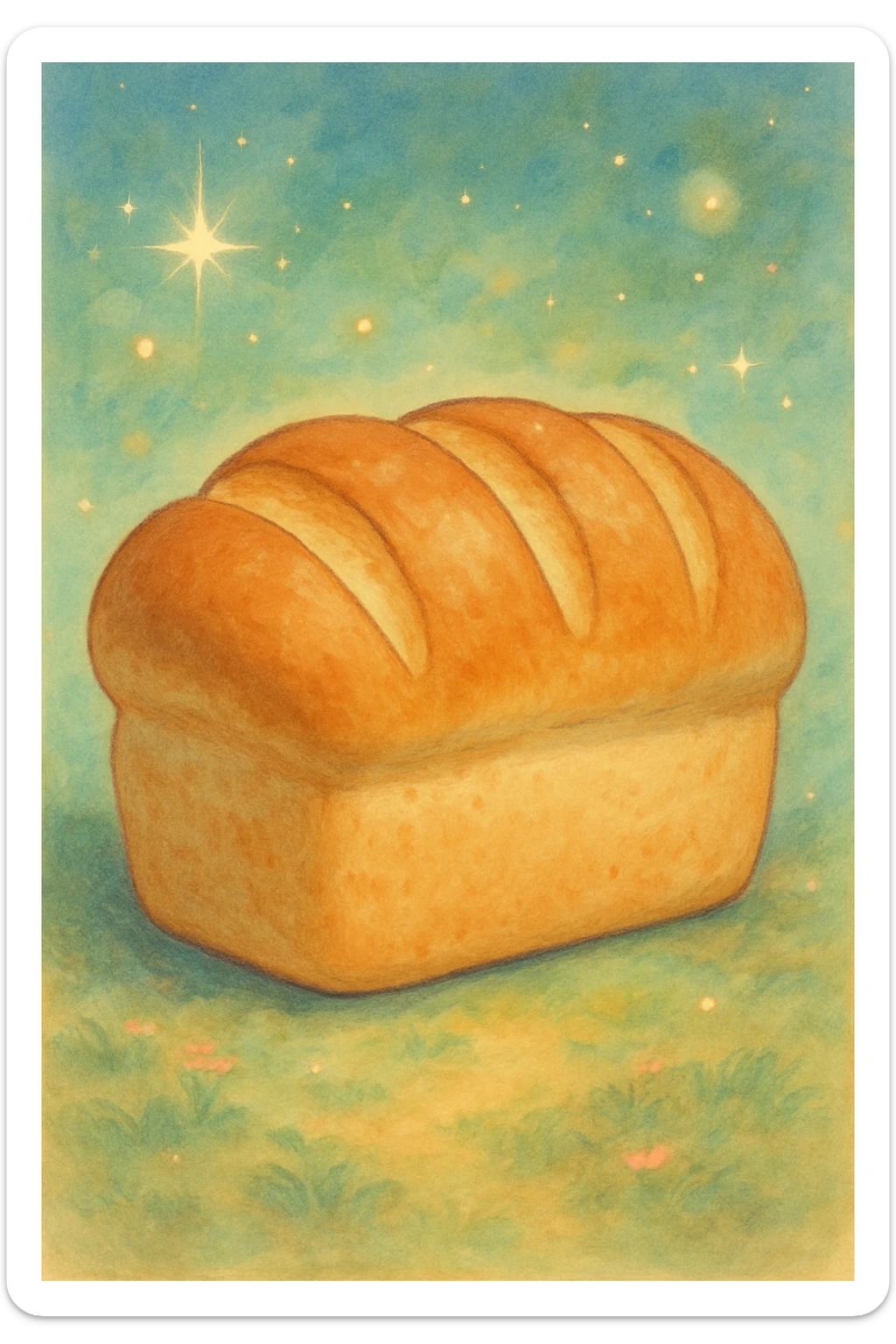 a loaf of bread emoji in ghibli style, gentle colors, magical touch sticker