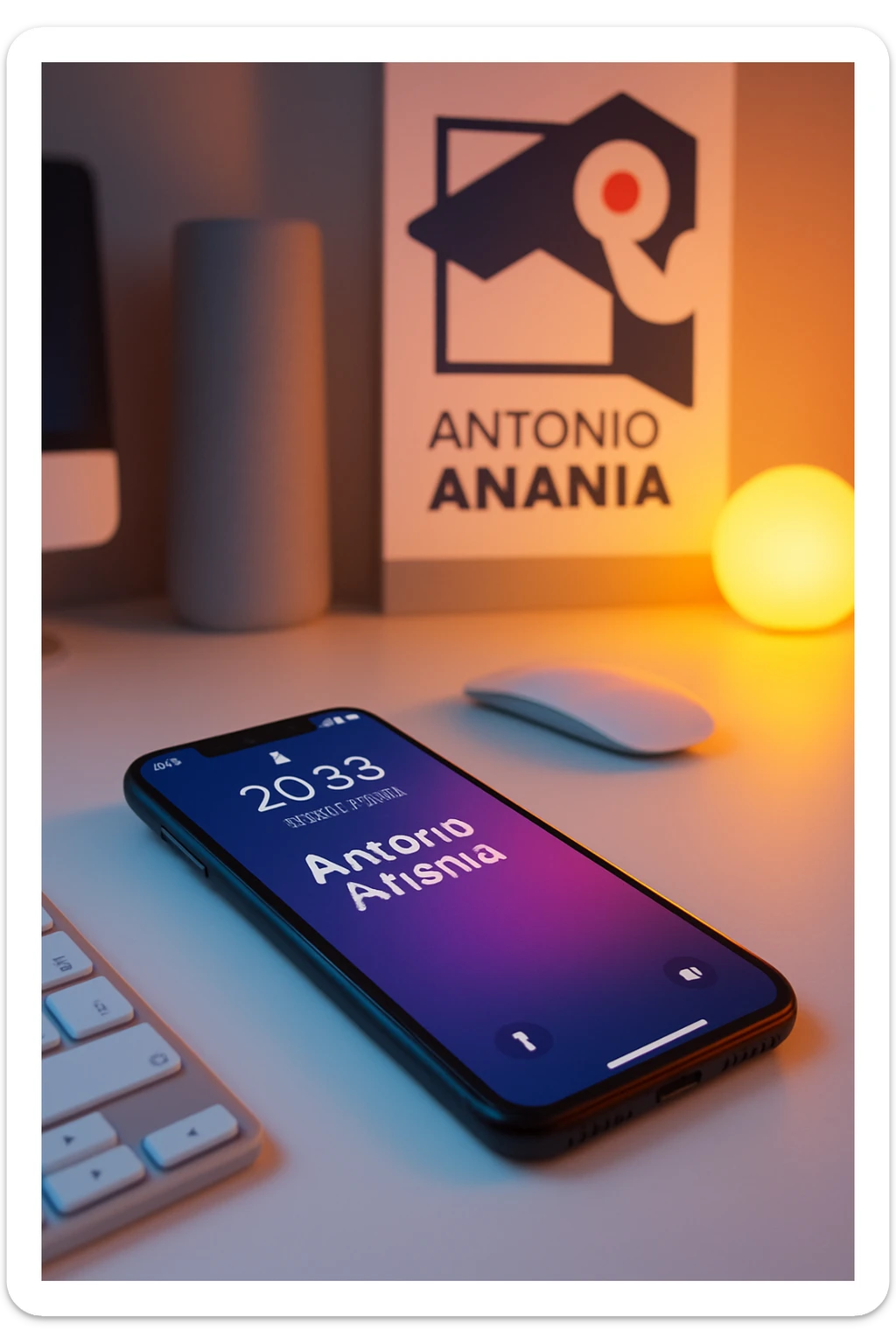 A photo of an iPhone on the desk with the message "Antonio Anania" on its screen, The phone sits atop a desk with a blurred background that suggests work environment. A faint glow from above casts gentle shadows across the surface of each object, creating depth and highlighting their textures sticker