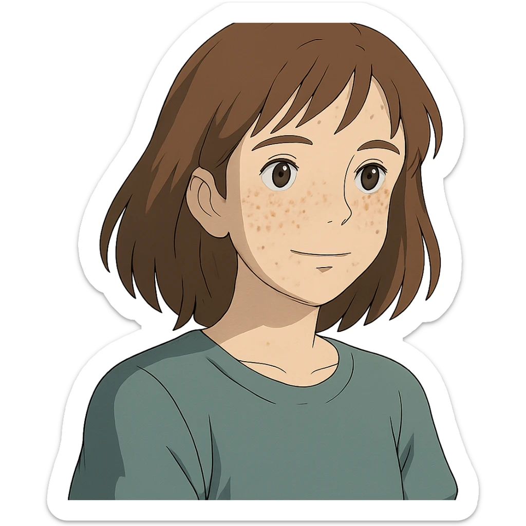 portrait of white woman with freckles, brown shoulder-length hair, Ghibli style sticker