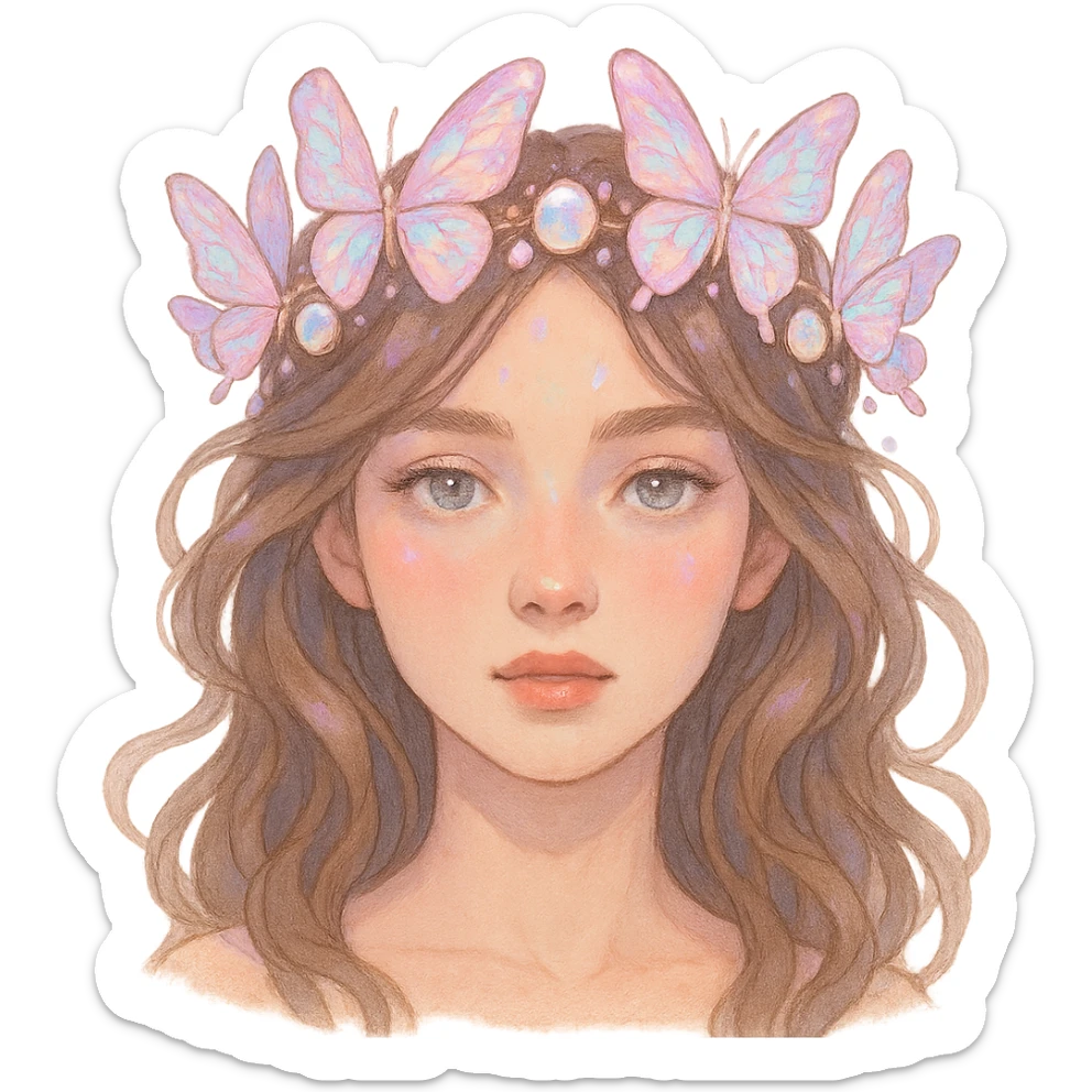 Change the butterfly crown to opal pink with iridescent butterflies and moonstone gems, magical and dreamy. Keep the background transparent. sticker
