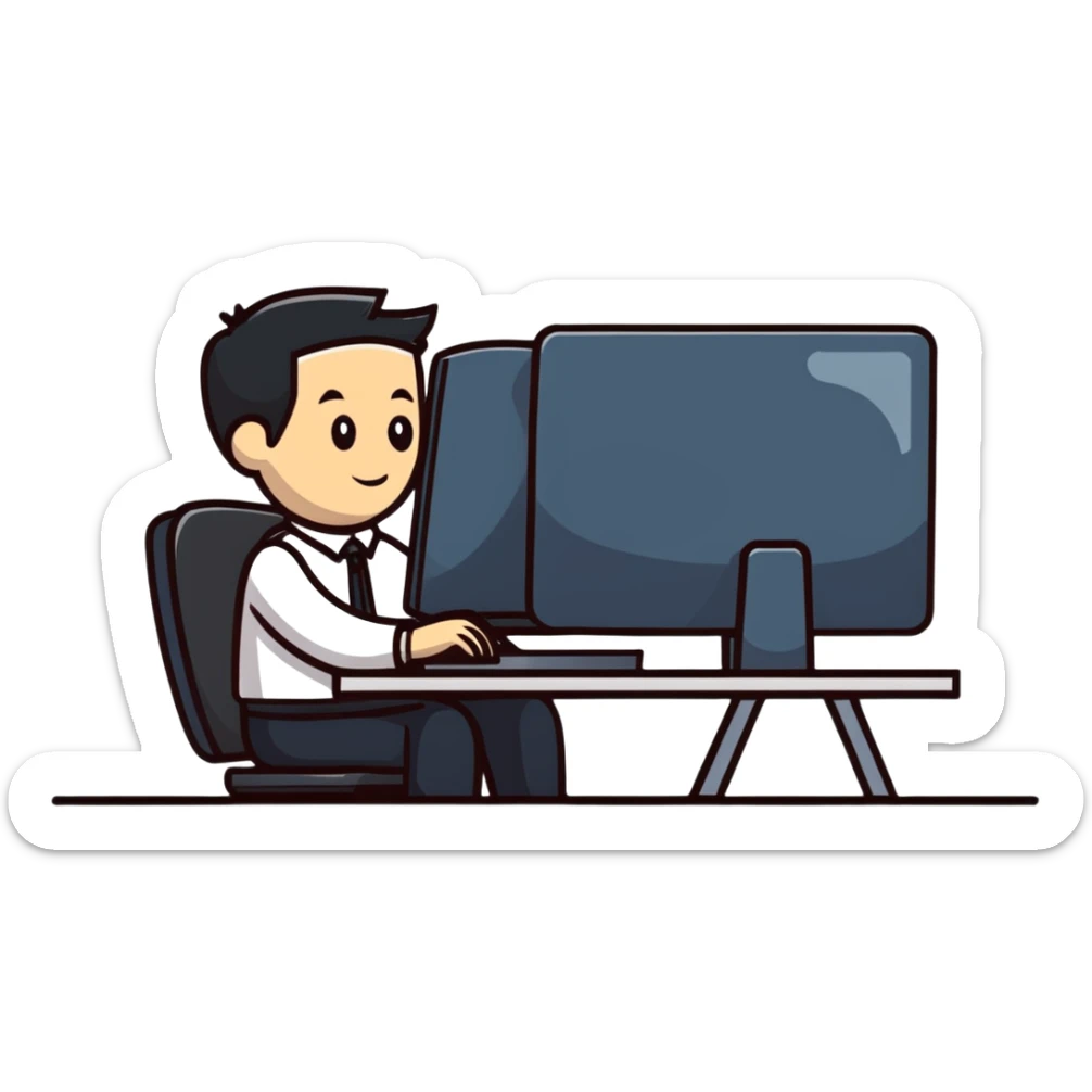 hombre con vestimenta semi-formal, de perfil, frente a una computadora en una mesa sencilla sticker