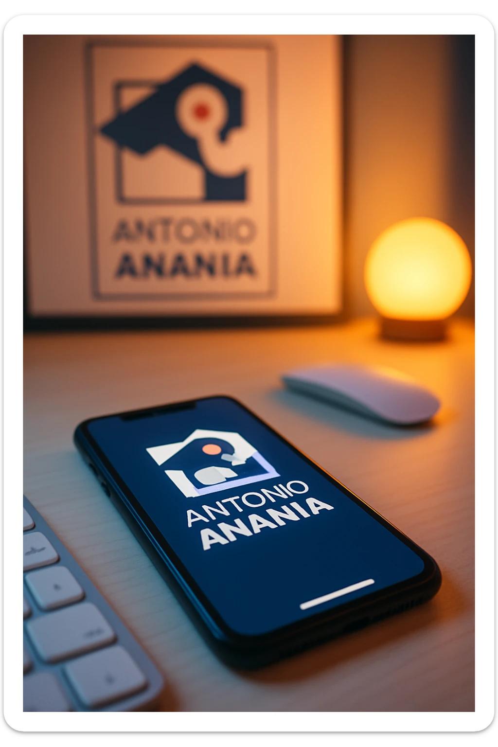 A photo of an iPhone on the desk with the logo of "Antonio Anania" on its screen, The phone sits atop a desk with a blurred with the logo in the background that suggests work environment. A faint glow from above casts gentle shadows across the surface of each object, creating depth and highlighting their textures sticker