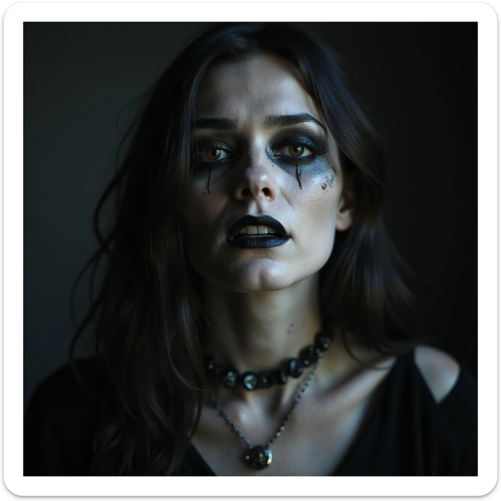 realistic horror portrait of a beautiful but terrifying woman with pale skin, dark eyes, gothic jewelry, dramatic lighting sticker