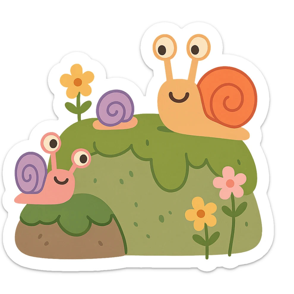 mossy rock with snails and small flowers in earthy pastel colors, pastel toon style sticker