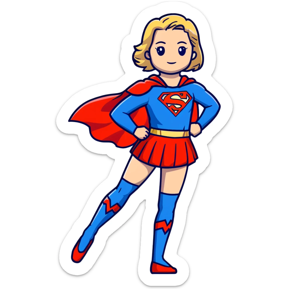 Supergirl in classic costume, full body view showing blue tights, red skirt, and cape with S symbol sticker