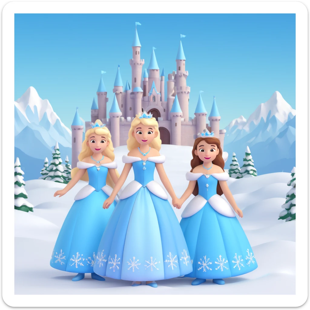 girls in a  snow princess dress, snow castle background sticker