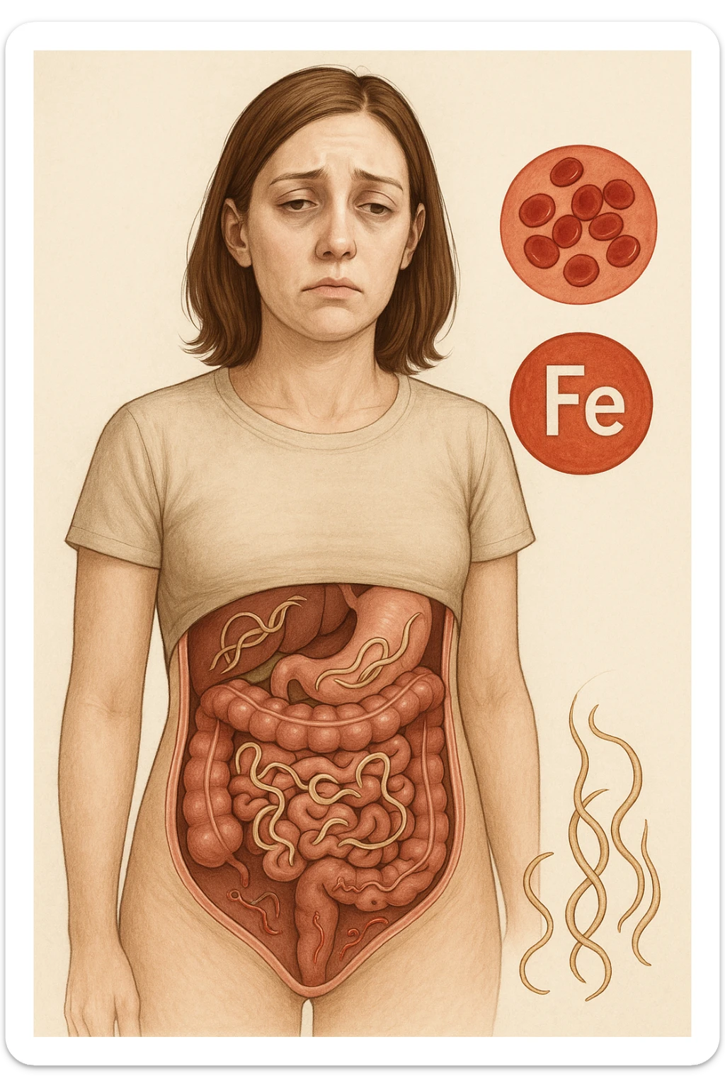 donna con parassiti intestinali che amano la sua carenza di ferro così possono svilupparsi. Immagini realistiche sticker