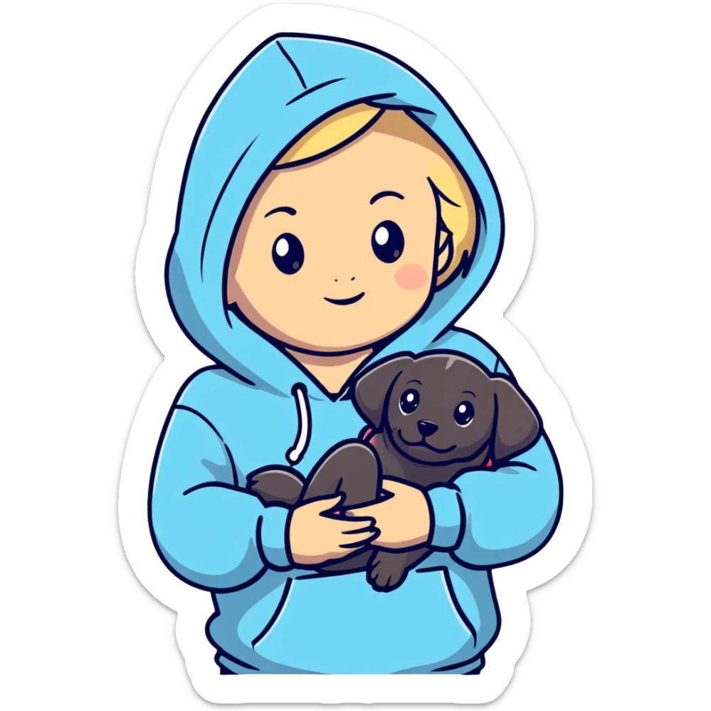 Blonde girl with smooth hair and a center part, light skin with freckles, wearing a hoodie and carrying a black baby labrador puppy in her arms sticker