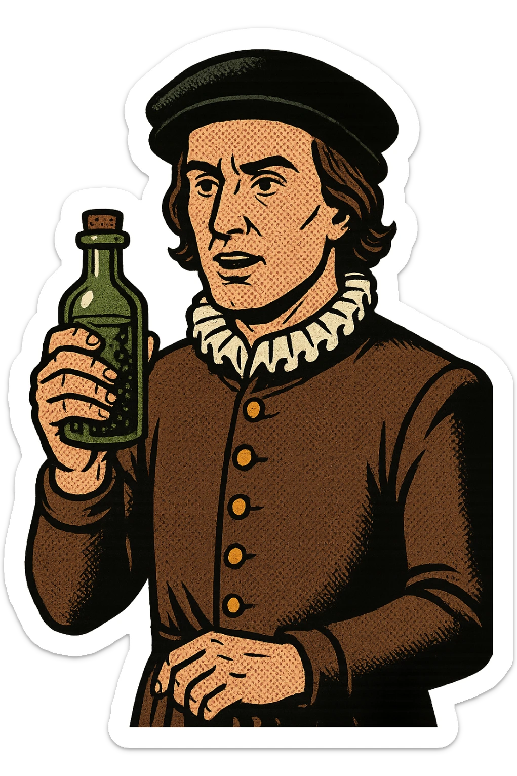 A male doctor from tudor england with his herbal medicine bottle sticker