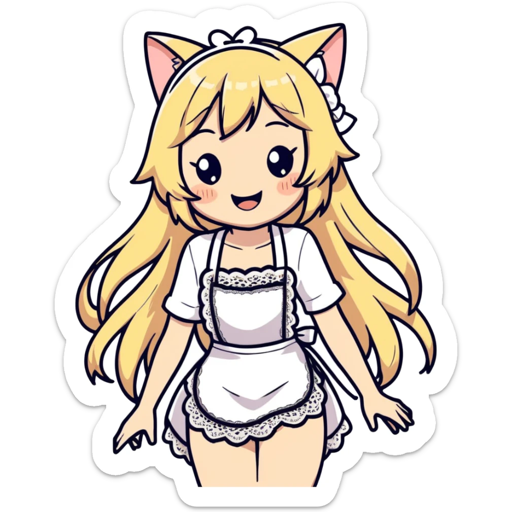  blonde catgirl woman long hair freckles giggling lace apron lace bikini anime influence  sticker