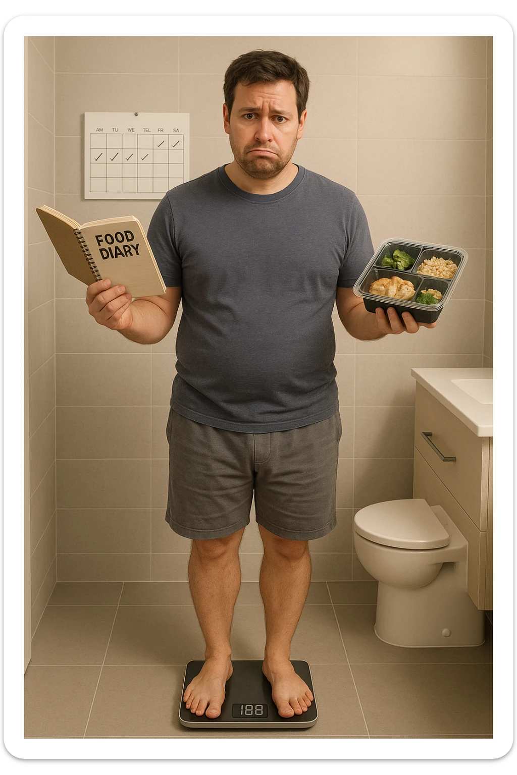 Uomo sulla trentina in piedi su una bilancia in bagno, con espressione delusa e confusa. In mano tiene un diario alimentare e un contenitore per i pasti già preparati, segno che sta seguendo una dieta. Dietro di lui un calendario con settimane segnate, ma senza cambiamenti. Il suo corpo appare identico a prima, senza progressi visibili. La bilancia digitale mostra lo stesso numero. Ambientazione pulita e moderna, toni neutri. Atmosfera di frustrazione e demotivazione, luce soffusa. sticker