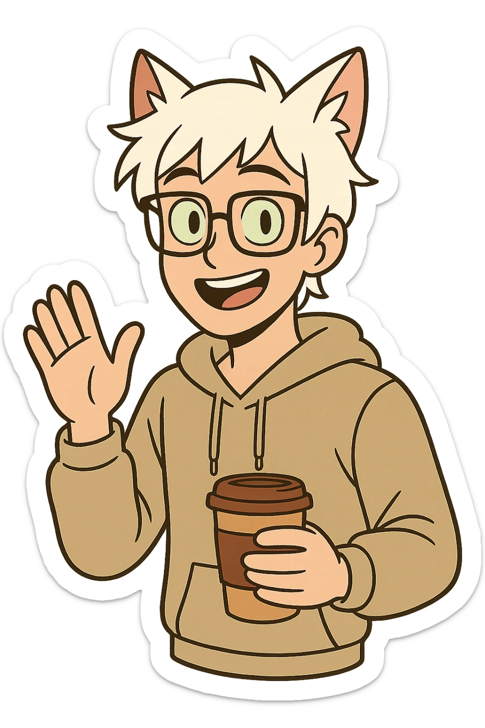 An anime guy with white hair, white cat ears, green eyes, and glasses, holding a coffee cup in his hand and waving sticker