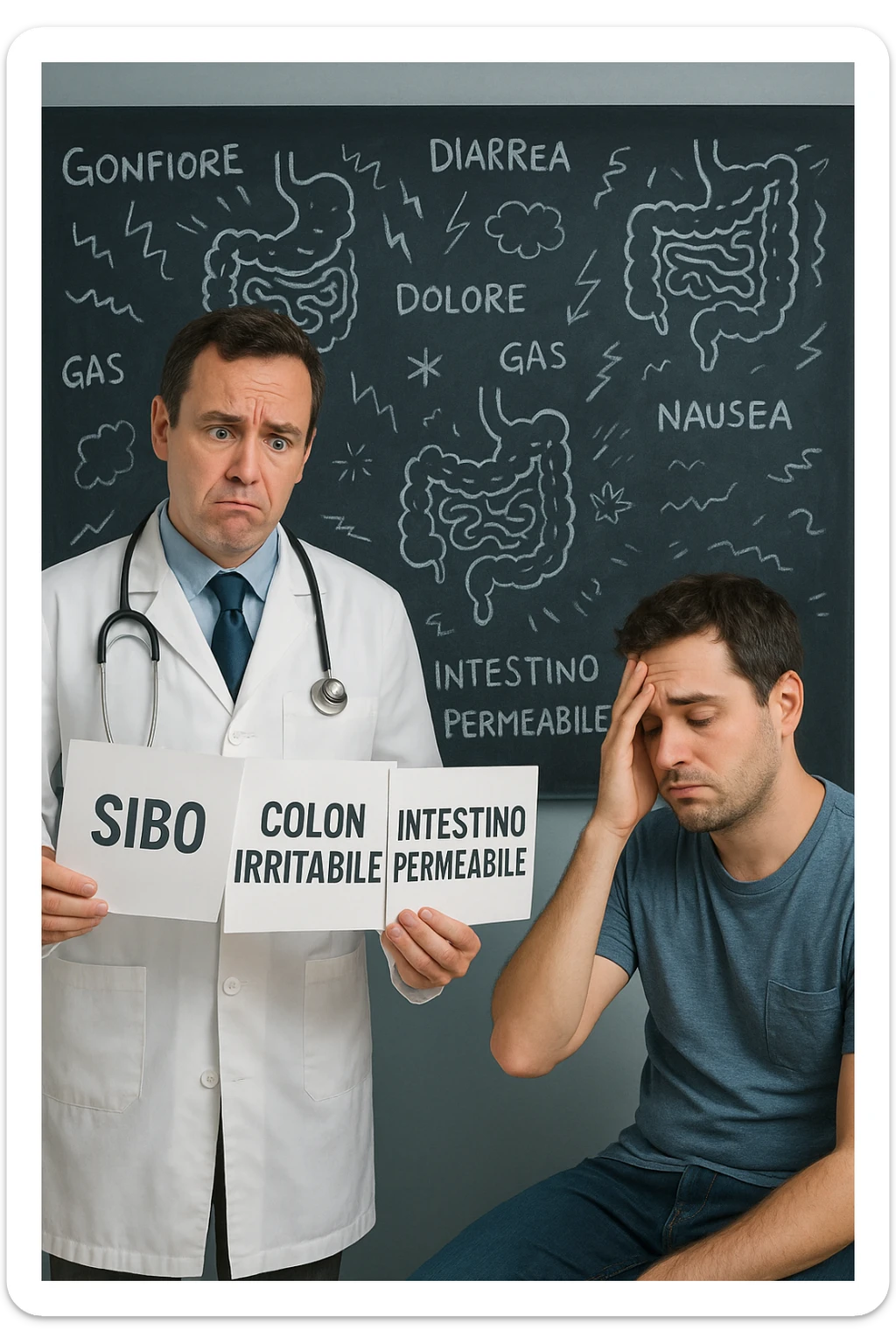 Scena clinica con un medico confuso in camice bianco davanti a un paziente seduto. Il medico ha tre fogli in mano, e li mostra uno alla volta con espressione incerta: il primo dice 'SIBO', il secondo 'Colon Irritabile', il terzo 'Intestino Permeabile'. Il paziente ha un’espressione confusa e scoraggiata, con una mano sulla fronte. Sullo sfondo una lavagna caotica con disegni di intestino e sintomi ovunque. Stile realistico con tocchi ironici, toni freddi da ambulatorio ma con un messaggio visivo forte di incertezza diagnostica. in italiano sticker