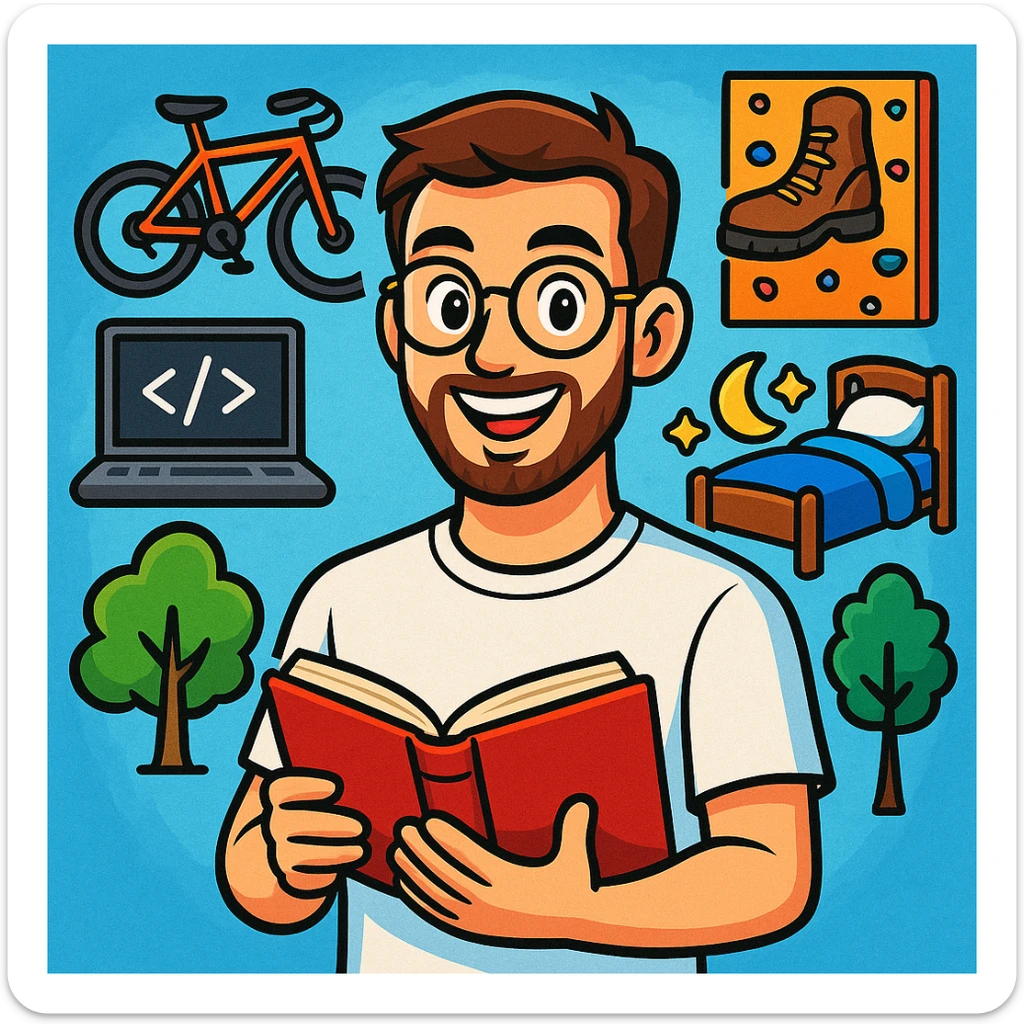 vibrant-toon style young man with light skin, short brown hair, neatly trimmed beard, round gold-rimmed glasses, smiling, plain white t-shirt, holding open red book at chest level, surrounded by hobby icons: orange mountain bike, gray laptop with code, brown hiking boot, climbing wall, bed with blue blanket and moon-and-stars, green tree sticker