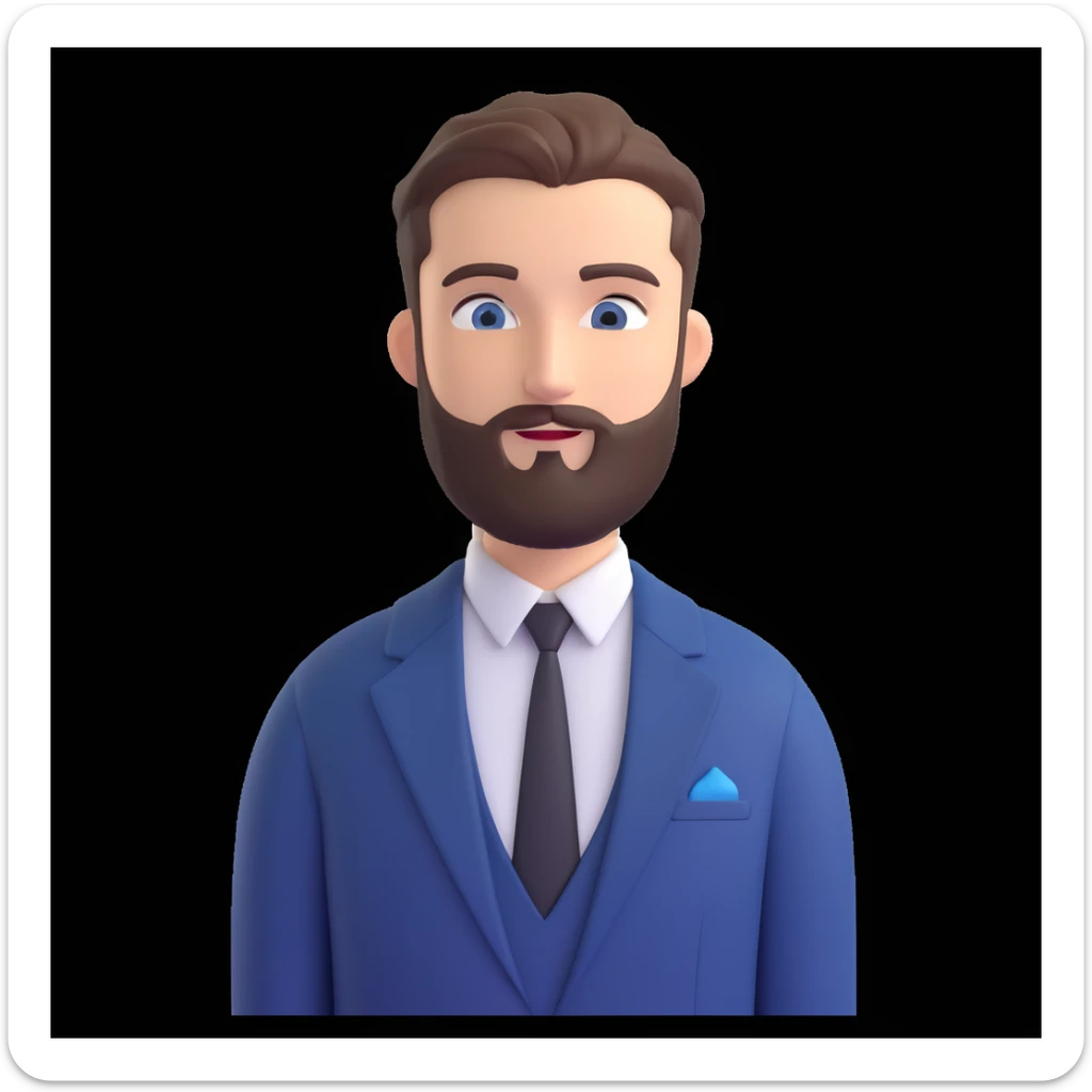 3D emoji style male character with trimmed beard, short hair, black suit, and white shirt, on a blue background with a white leaf design sticker