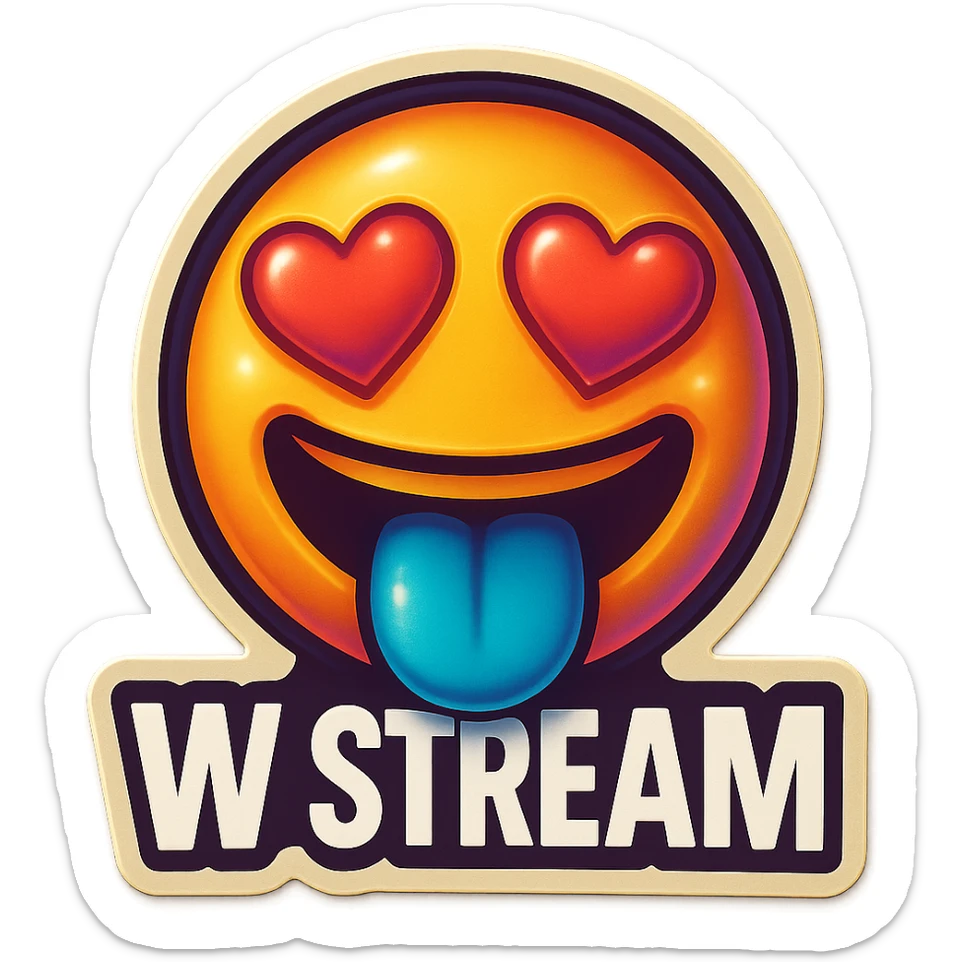 mouth open with tongue out heart shaped eye add the words “ W Stream " in White sticker