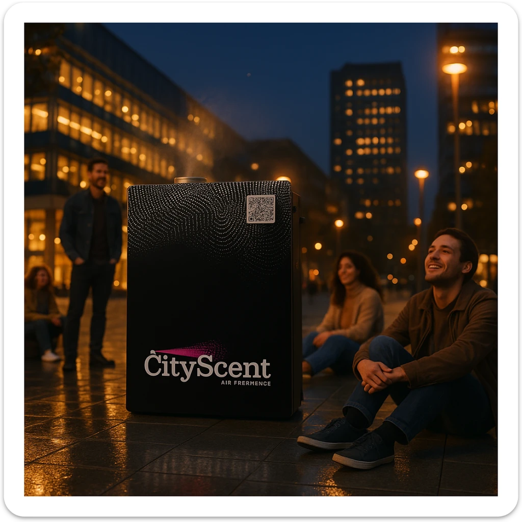 Place this exact CityScent air freshener machine in the middle of a city square at nightfall, with city lights reflecting on the pavement and modern architecture. Show a few people sitting or standing around the machine, looking relaxed and happy, enjoying the scent. The style should be photorealistic, realistic and inviting. sticker
