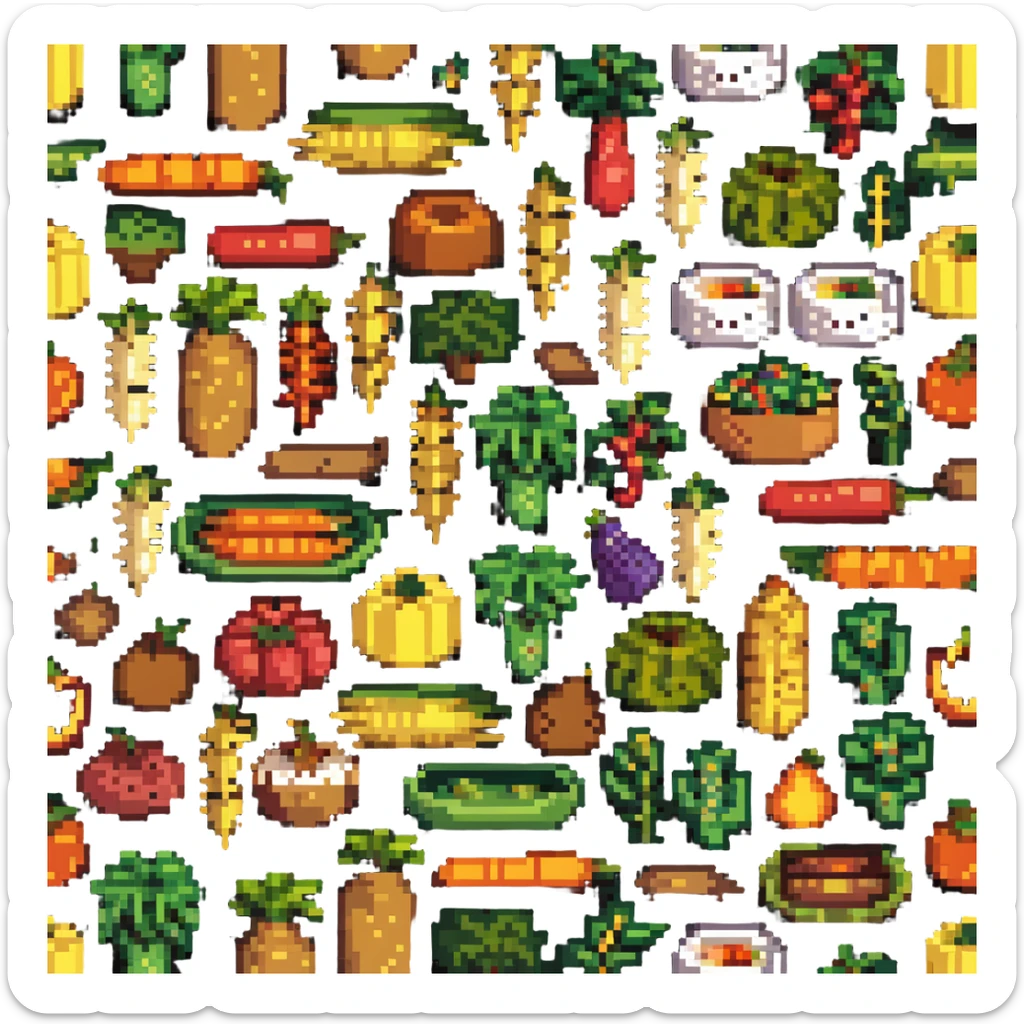 Pixel art of dietary fiber showing whole grains, vegetables, fruits and legumes connected by fiber strands, with an intestine character showing improved digestion sticker