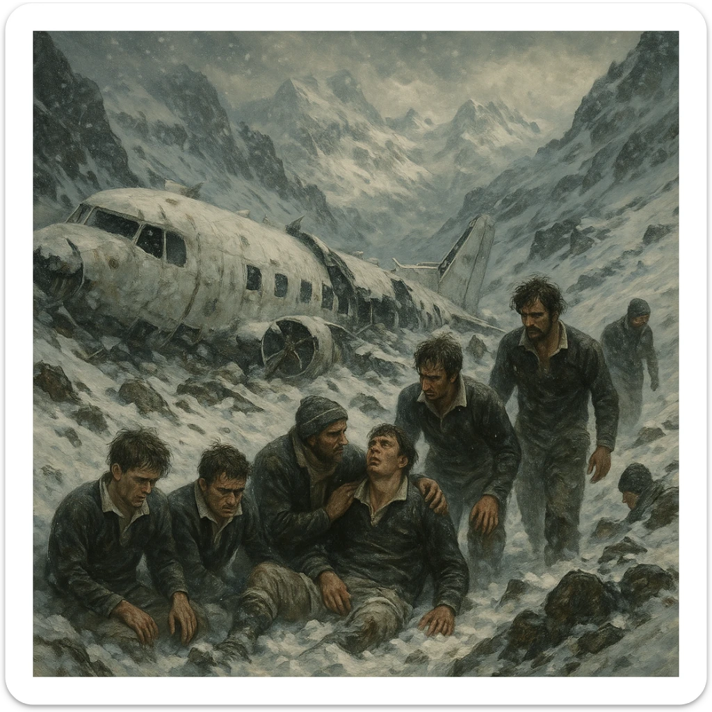 a dramatic scene of a plane crash in snowy mountains with a rugby team, inspired by the Andes survival story, with snow and rugged terrain, intense and emotional atmosphere sticker