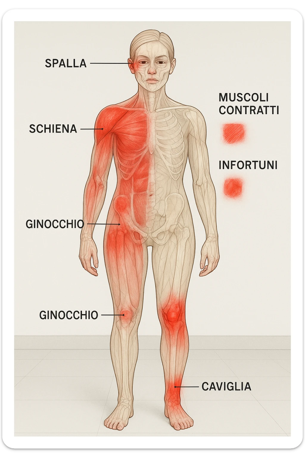 donna con infortuni e contratture frequenti in 3D immagine medica in italiano  sticker