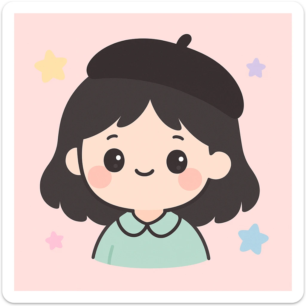 a girl with dark hair and a black beret, cute cartoon style sticker