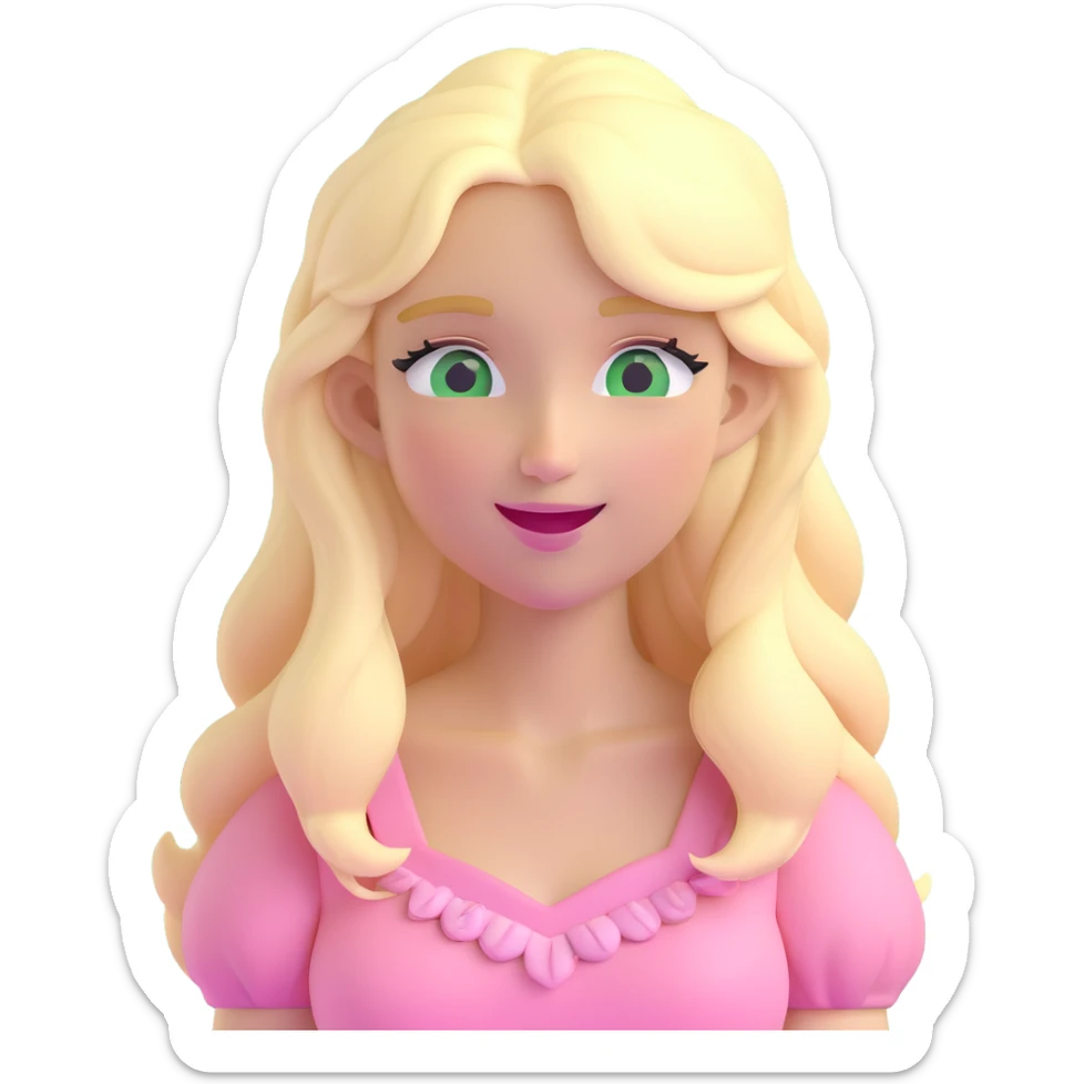 a 3d IOS realistic style emoji of a blonde with long hair and swamp eyes in a pink pastel dress winking sticker
