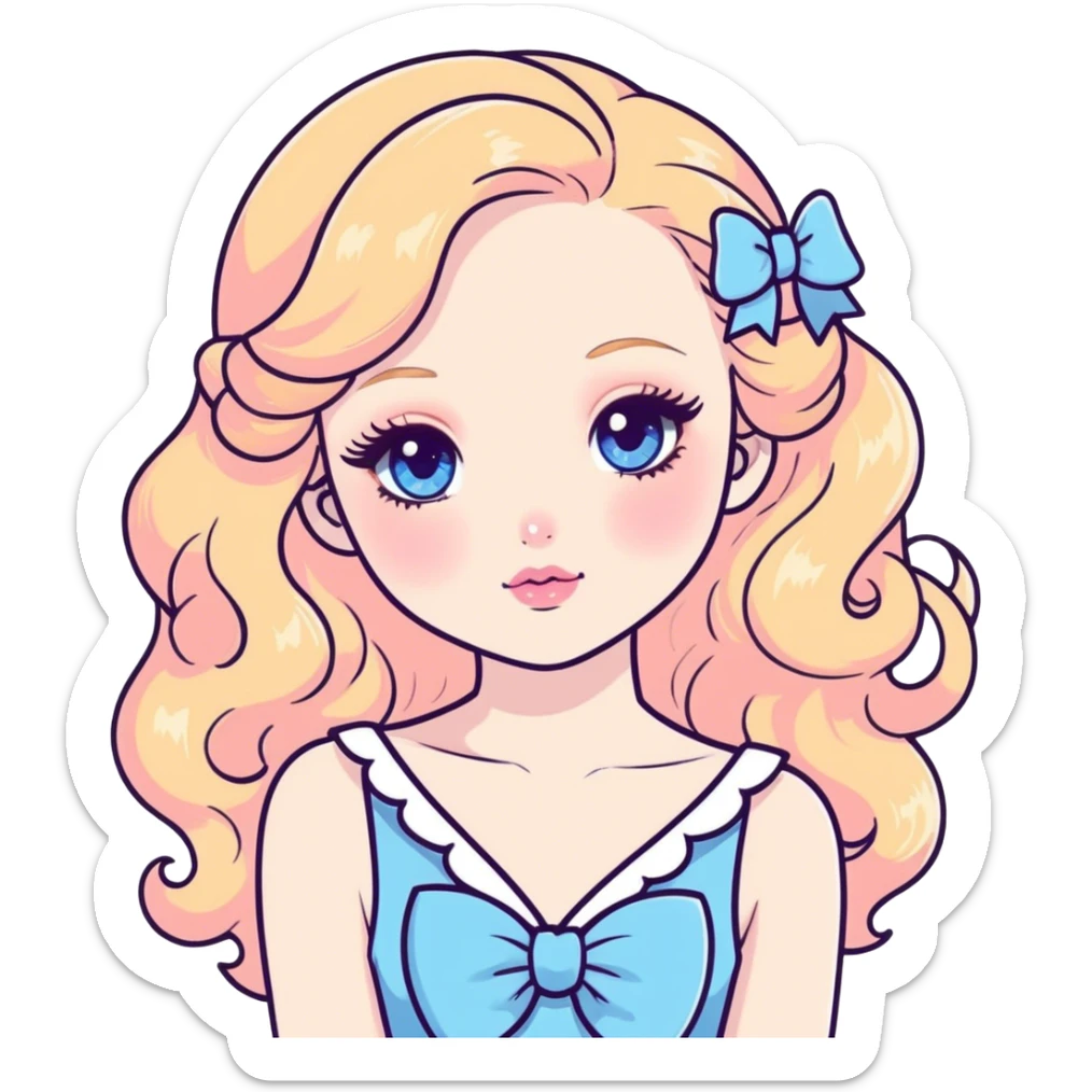 a girl with a very pale face, blue eyes, long blonde hair, curly, thin, with a white bow and in a blue dress, coquette, with shiny eyeshadow, with pink blush, dyed eyelashes and peach lipstick sticker