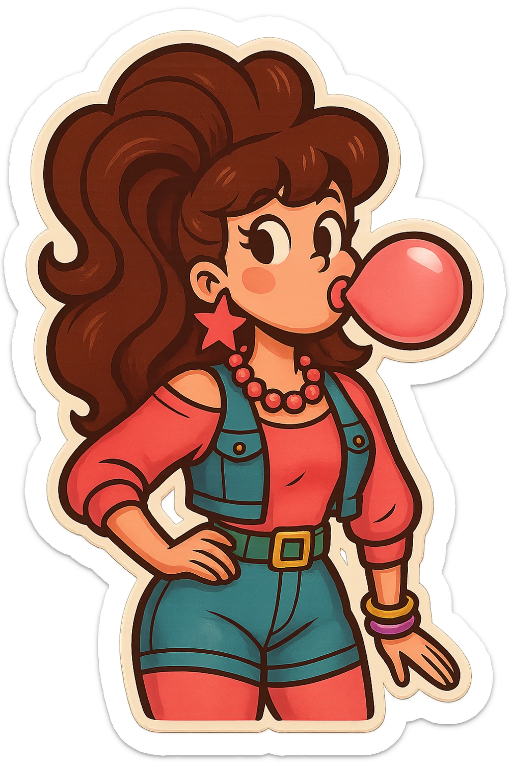 Change the hair color to brunette while keeping the cheerful valley girl style with big hair, bubblegum, and 1980s fashion. sticker