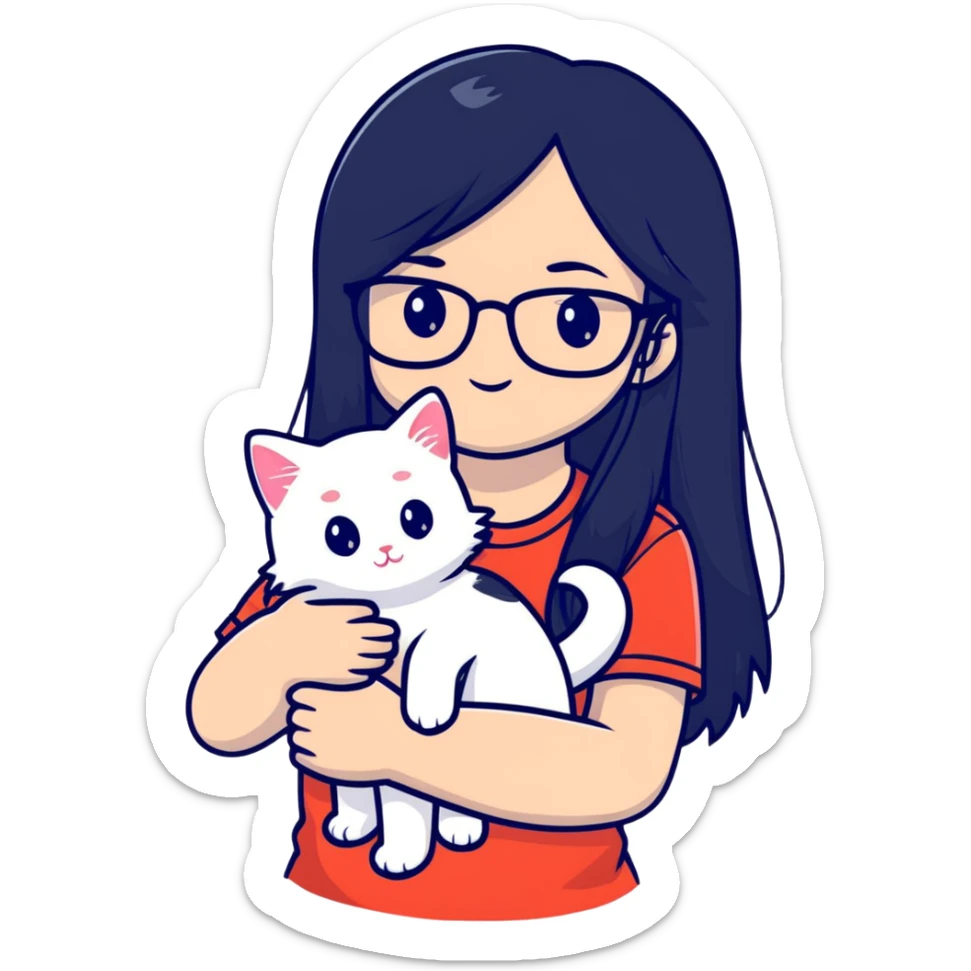Beautiful girl with long black hair and glasses holding a white kitten sticker