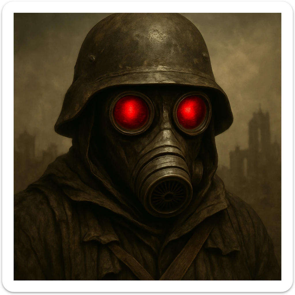 Add a helmet and zoom in on the face of the post apocalyptic soldier wearing a gas mask with red eyes, keep the gritty style, detailed and intense atmosphere. sticker