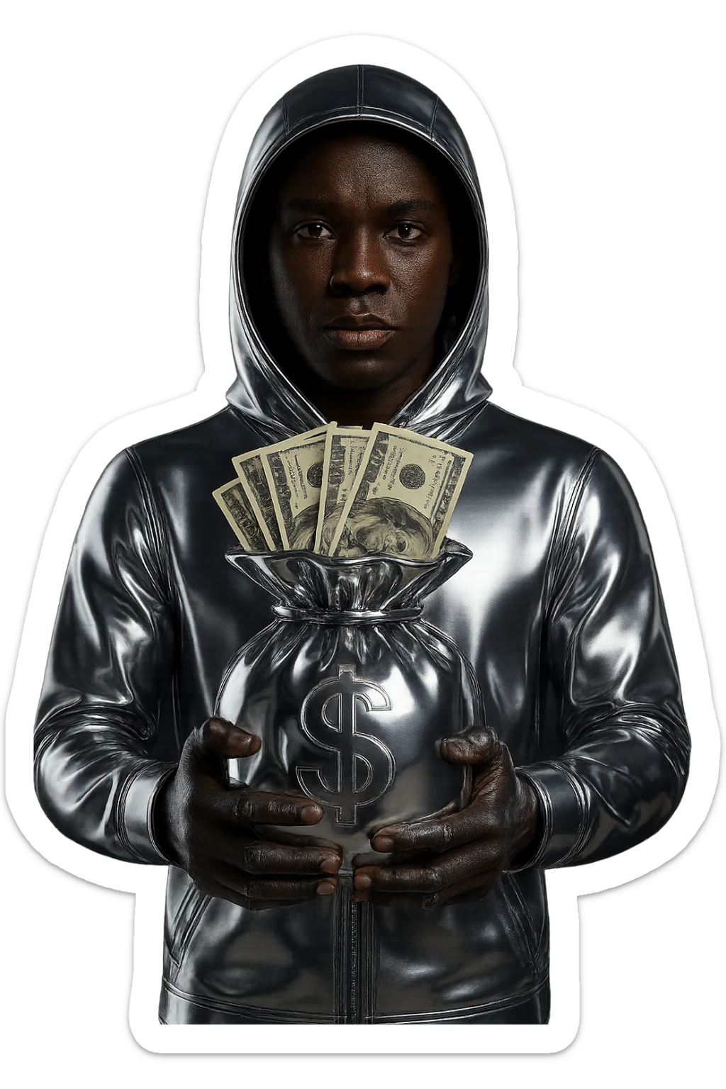 Change the character to have Black skin and facial features. Dress him in a chrome hoodie instead of the current suit and helmet. Have him hold a chrome money bag with realistic photorealistic US dollar bills sticking out. Keep the background transparent and the bills photorealistic. sticker