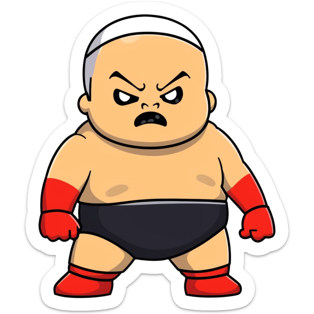 Close-up of white skin fat guy no muscle with prominent black durag, completely shaved face, no beard or mustache, black eyes in a red and black wrestling singlet with angry face sticker