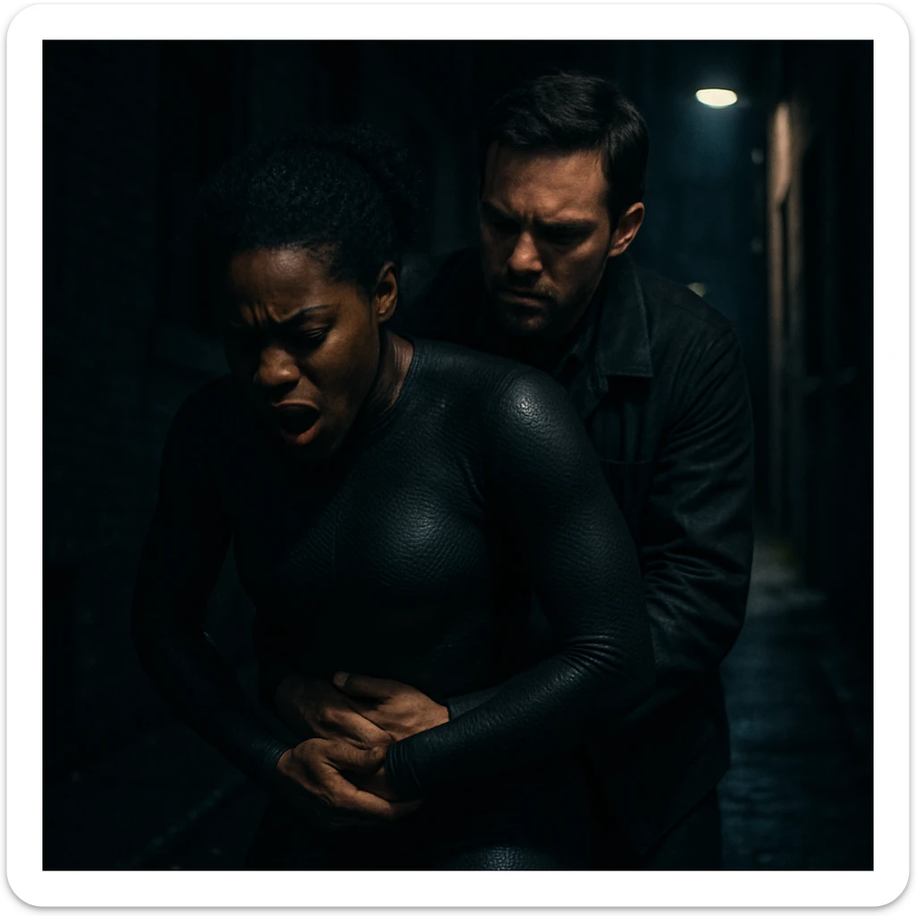 caught by a man performing a Heimlich maneuver on her in the dark alleyway, skintone thick skintight bodysuit, dark skin sticker